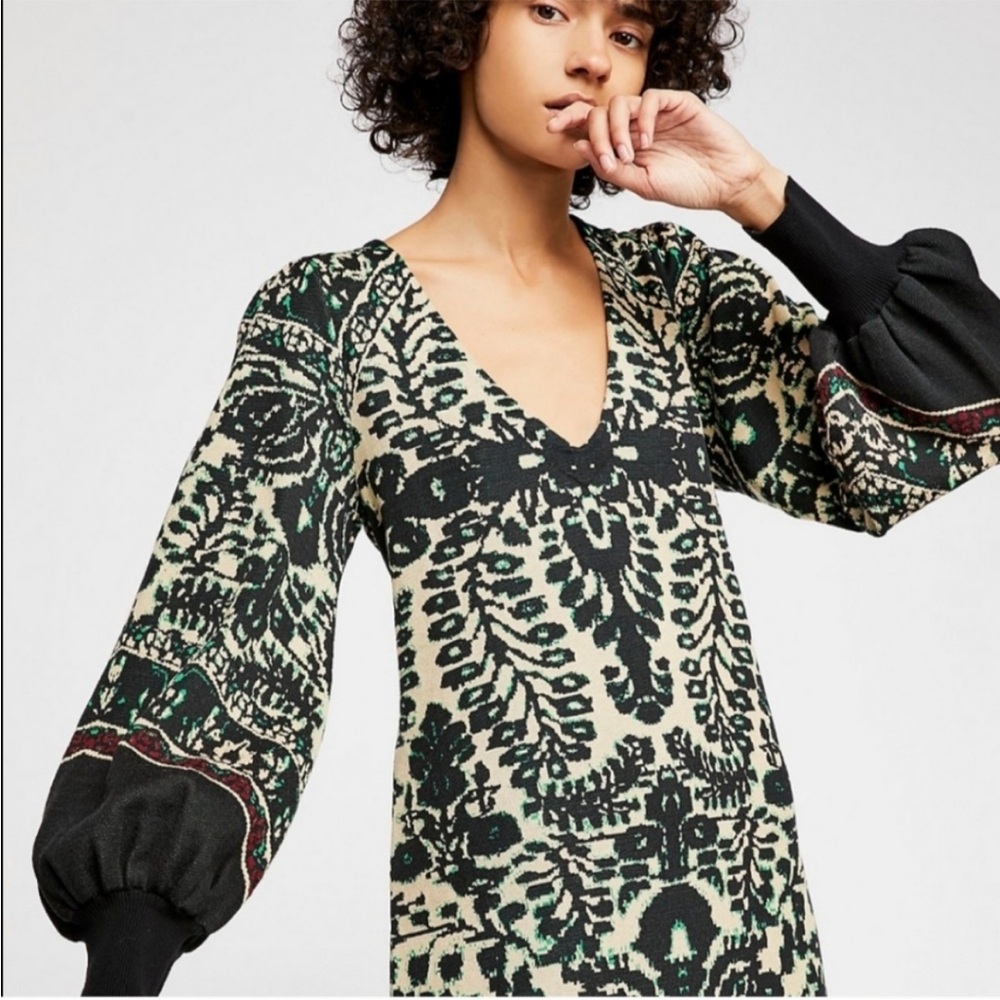 Free People Blue and Green Sheath Dress with Bishop Sleeves